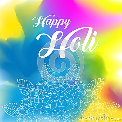 Happy Holi greeting vector background concept design element with realistic volumetric colorful Holi powder paint clouds Vector Illustration