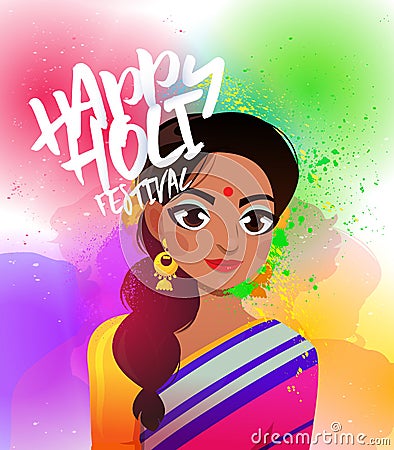 Happy Holi lettering card design with beautiful Indian woman in a sari on the background of colorful gulal. Vector Illustration