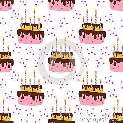 Happy holiday baked cakes with candles vector seamless pattern Vector Illustration