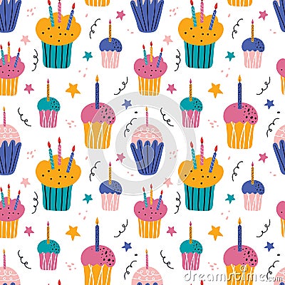 Happy holiday cream cake with candles flat vector seamless pattern. Sweet holiday pastries, muffin, cupcake with Vector Illustration