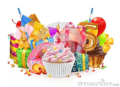 Happy holiday. Cupcake, gift box. vector illustration Vector Illustration