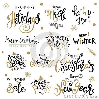 Happy Holiday, Merry Christmas, Happy New Year big set greeting card. Premium luxury background for holiday greeting card. Vector Illustration