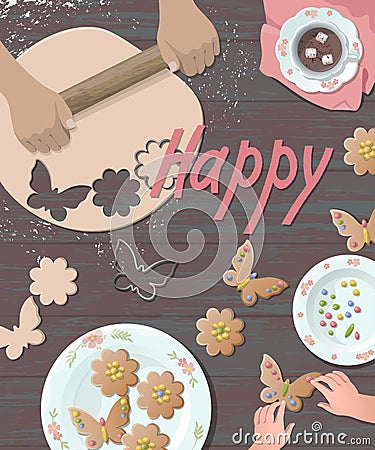 Happy holiday preparing cookies. Teaching how to make flower shape cutting dough kid hands. Rolling sweet decoration Vector Illustration