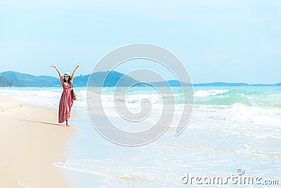 Happy Holiday and Summer. Smiling asian woman wearing fashion summer Stock Photo