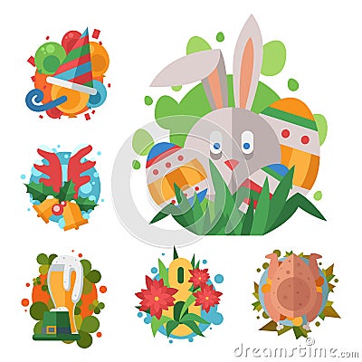 Happy holidays different icons holidays symbols decoration traditional celebration gift badge. Stock Photo