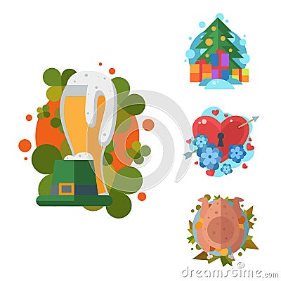 Happy holidays different icons holidays symbols decoration traditional celebration gift badge. Stock Photo