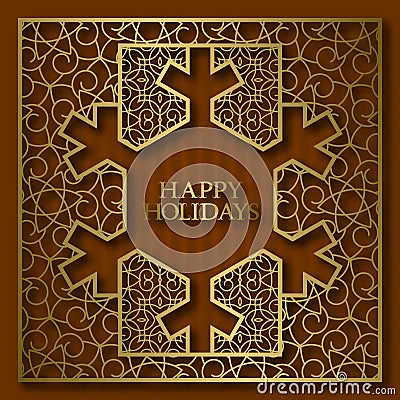Happy Holidays greeting card cover background with golden ornamental frame in snowflake shape Vector Illustration