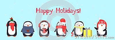 Happy Holidays greeting card with penguins Vector Illustration