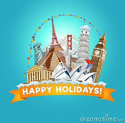 Happy holidays greeting card for travel agency or post card. Vector illustration Vector Illustration