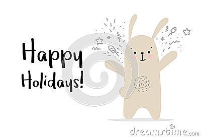 Happy holidays greetings card with cute rabbit. Vector cartoon animal illustration Vector Illustration