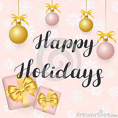 Happy Holidays. Illustration with golden balls on pink background Vector Illustration