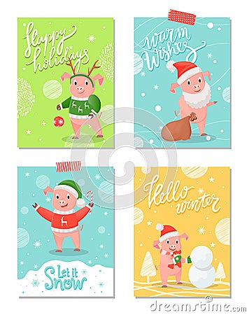 Happy Holidays New Year Symbol Christmas Piglet Vector Illustration