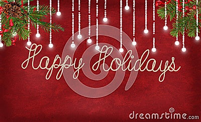 Happy holidays rope design with lights and pine Stock Photo