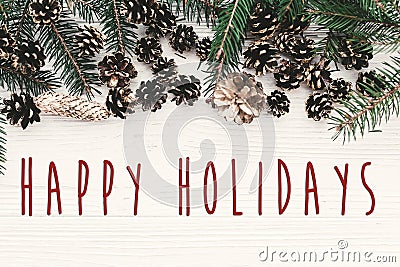 Happy Holidays text on modern christmas flat lay with green fir Stock Photo