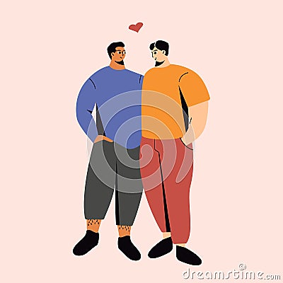 Happy homosexual couple. Cartoon characters gay people in love, pair of men hugging smiling. Doodle vector illustration Vector Illustration