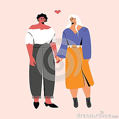 Happy homosexual couple. Cartoon characters people in love, pair of lesbian women together. Doodle vector illustration Vector Illustration