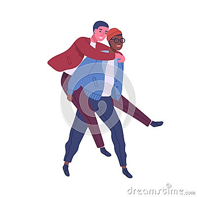 Happy homosexual couple isolated on white background. Woman carrying her girlfriend up on back. Piggyback ride. Smiling Vector Illustration