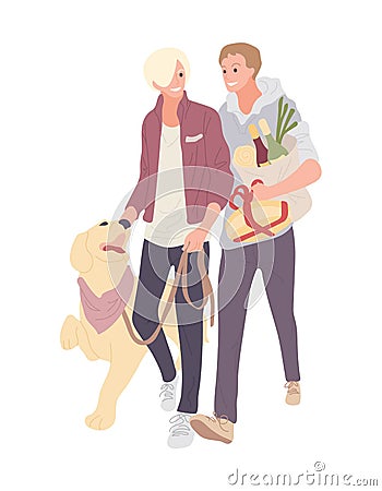 Happy homosexual male couple. Two men walk the dog, spend time together in love. Trip to store for gift and food Vector Illustration