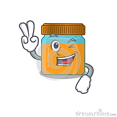 Happy honey jar cartoon design concept show two fingers Vector Illustration