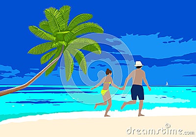 Happy honeymoon couple on the beach scene. Vector Illustration
