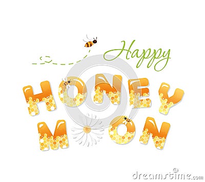 Happy honeymoon letters. Pattern with honeycomb is full under clipping mask. Vector Illustration