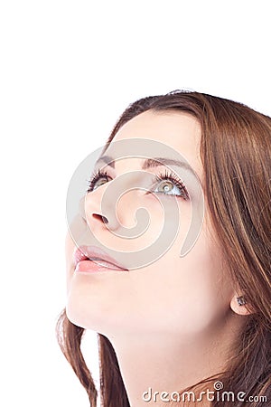 Happy hoping woman looking up Stock Photo