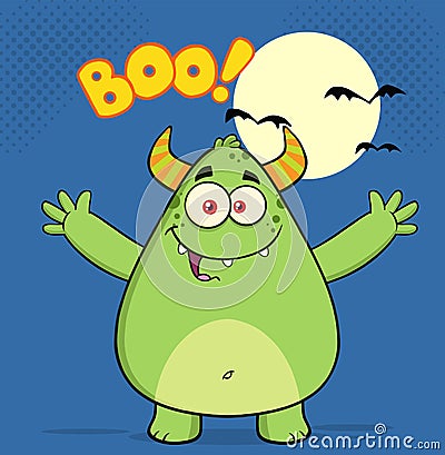 Happy Horned Green Monster Cartoon Character With Welcoming Open Arms And Boo Text Vector Illustration