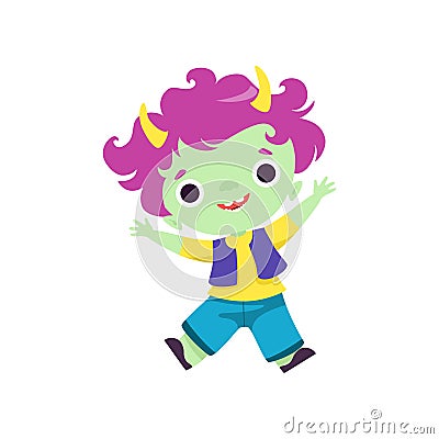 Happy Horned Troll Boy, Cute Smiling Fantasy Creature Character with Purple Hair Vector Illustration Vector Illustration