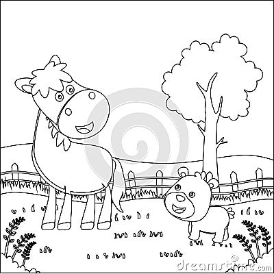 Happy horse and little bear cartoon in the farm with barn and green field. Nature and country concept. Creative vector Childish Vector Illustration