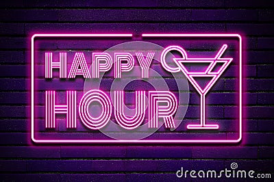 Happy hour cocktail glowing purple violet neon text on brick wall Stock Photo