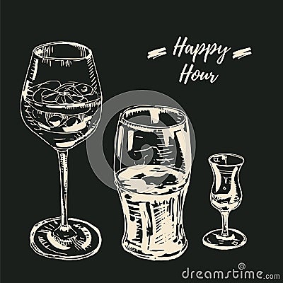 Happy hour drinks set. Vector illustration, chalk on blackboard style. Wine glass with a cocktail, beer glass, grappa Vector Illustration