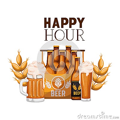 Happy hour label with box and beer bottles Vector Illustration