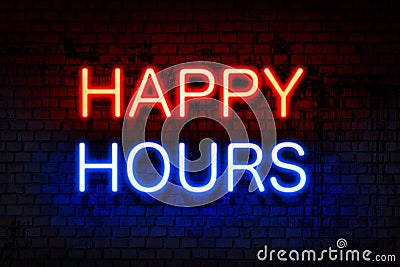 Happy hours. Neon sign with luminous letters of red and blue on black brick wall. Stock Photo