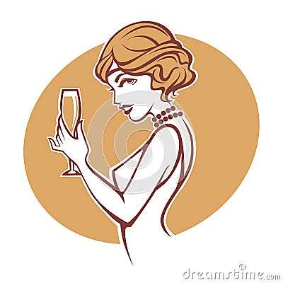 Happy hours, vector portrait of old fashioned lady Vector Illustration