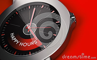 Happy hours watch over red background with copy space on the right side Cartoon Illustration