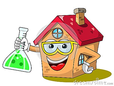 Happy house cartoon funny character chemist scientist cruet isolated Vector Illustration