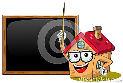 Happy house cartoon funny character teacher stick blackboard or chalkboard isolated Vector Illustration