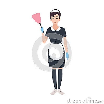 Happy housemaid, maid, housekeeping or house cleaning service worker wearing uniform. Pretty female cartoon character Vector Illustration