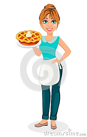 Happy housewife. Cheerful mother, beautiful woman. Vector Illustration