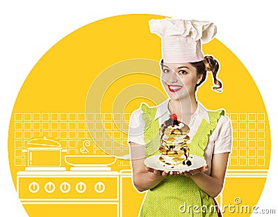 Happy housewife cooks sweet pancakes Stock Photo