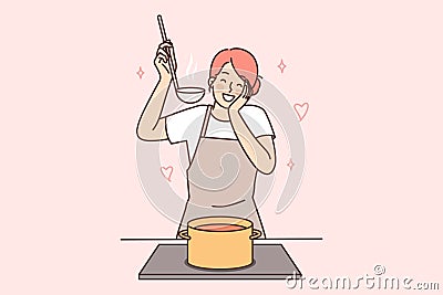 Happy housewife woman cooks soup standing at stove with saucepan and tastes after adding spices Vector Illustration