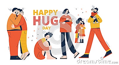 Happy Hug Day greeting card. Set of cute embracing people. Collection of couple, parent, children who love each other Vector Illustration