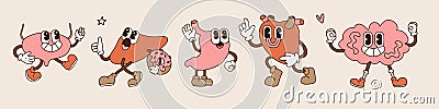 Happy human healthy strong organs set. Vector retro cartoon character illustration. Stomach, liver, bladder, heart, braim toons Vector Illustration