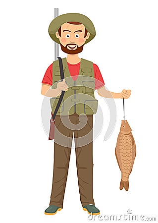 Happy hunter with shotgun and fish in hand Vector Illustration