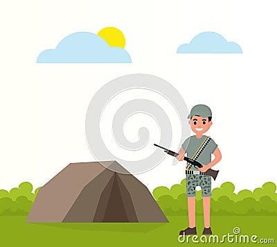Happy hunter stands near the tent stand with weapons. Vector huntsman, gamekeeper in flat style Vector Illustration