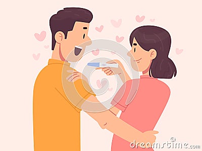 Happy husband learned from his wife that he would soon become a dad. Positive pregnancy test and a happy married couple Cartoon Illustration