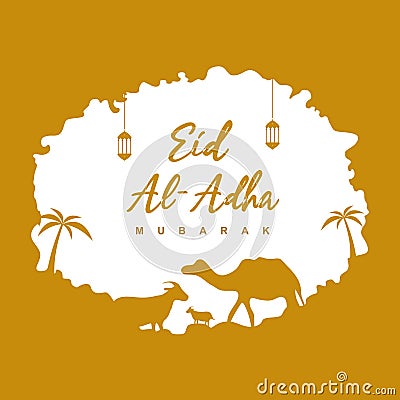 Happy Ied al Adha design for web, greeting card, poster, ad, promotion. Celebration of Muslim the sacrifice a camel, sheep, cow Vector Illustration