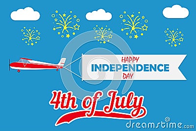 Happy Independence Day card with plane with flying banner and fireworks. United states of America celebrates - 4th of July. Vector Vector Illustration