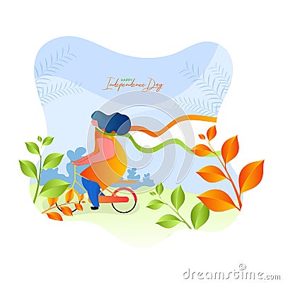 Happy Independence Day celebration poster design with illustration of a woman riding bicycle on nature. Cartoon Illustration