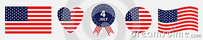 Happy independence day icon set line. United states of America. 4th of July. Waving american flag, heart, round shape, badge with Vector Illustration